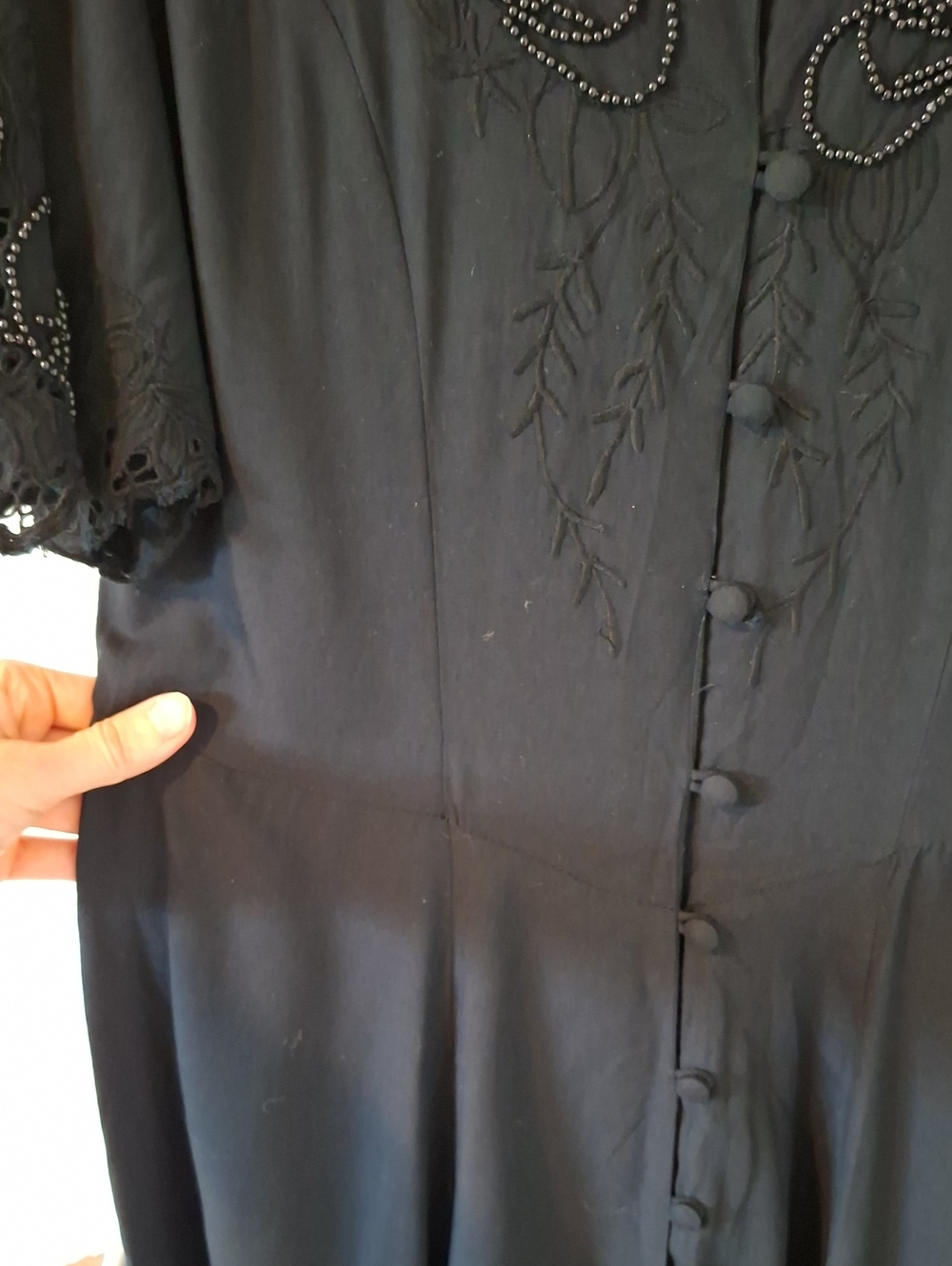 Vintage 90's Black Basque Waist Beaded Floral Button-up Maxi Dress (Size L) - Picture 7 of 10